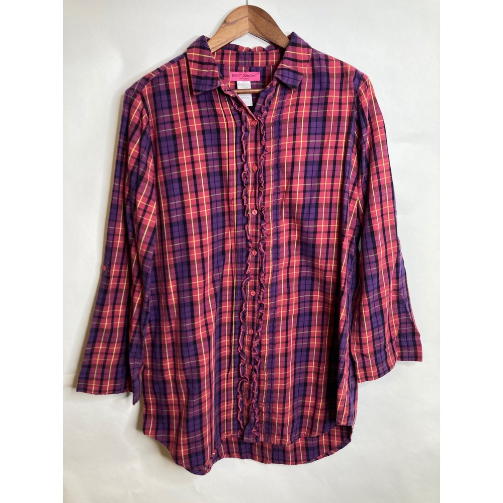 Betsey Johnson Intimates Womens Top L Pink Plaid Ruffle Button Pajama Loungewear
